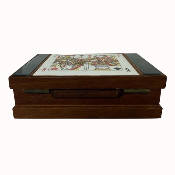 Wooden Playing Card Box Ceramic Tile King Queen Spades Vintage MCM Green Felt - Picture 4 of 16